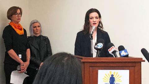 Elizabeth Mitchell, an attorney for the Los Angeles Alliance for Human Rights, announces the filing of a federal lawsuit at the Midnight Mission in Los Angeles Tuesday.