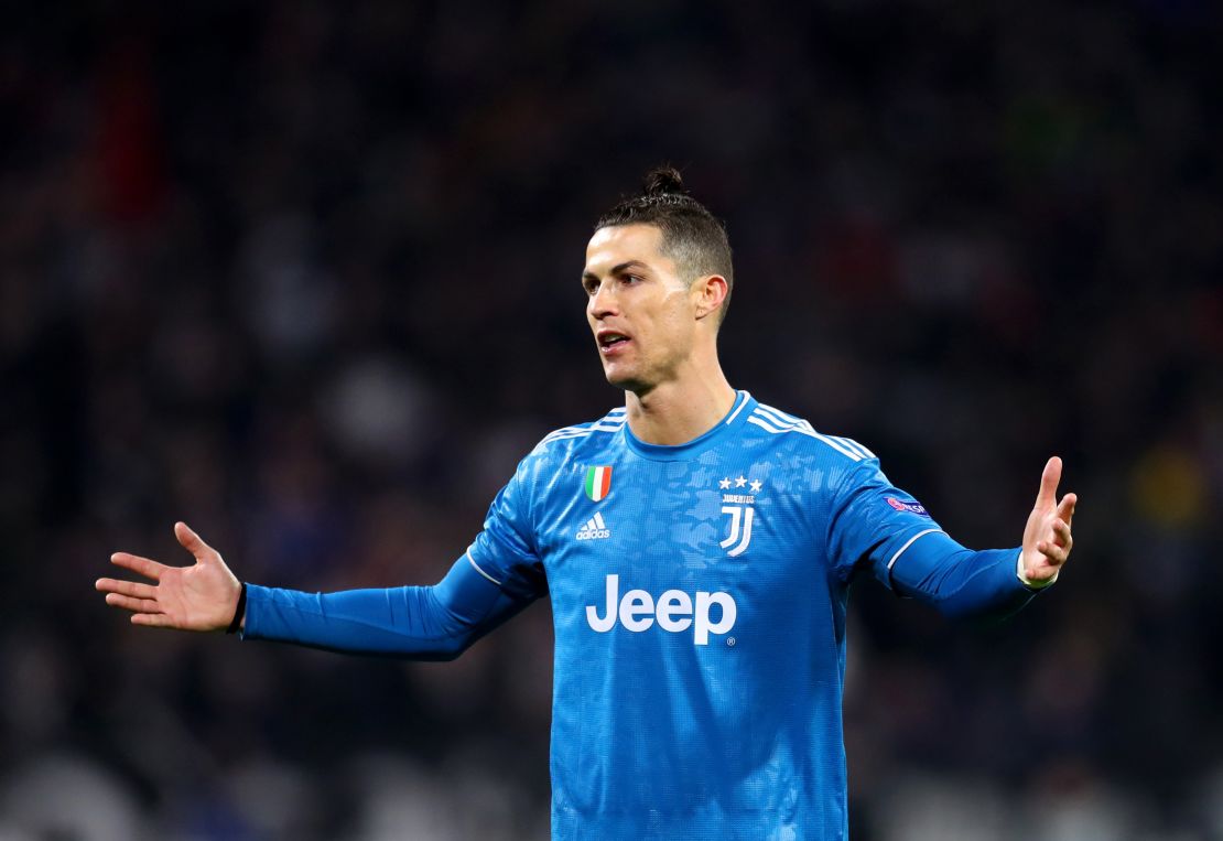 Cristiano Ronaldo of Juventus reacts during the UEFA Champions League round of 16 first leg match between Olympique Lyon and Juventus at Parc Olympique on February 26, 2020 in Lyon, France.