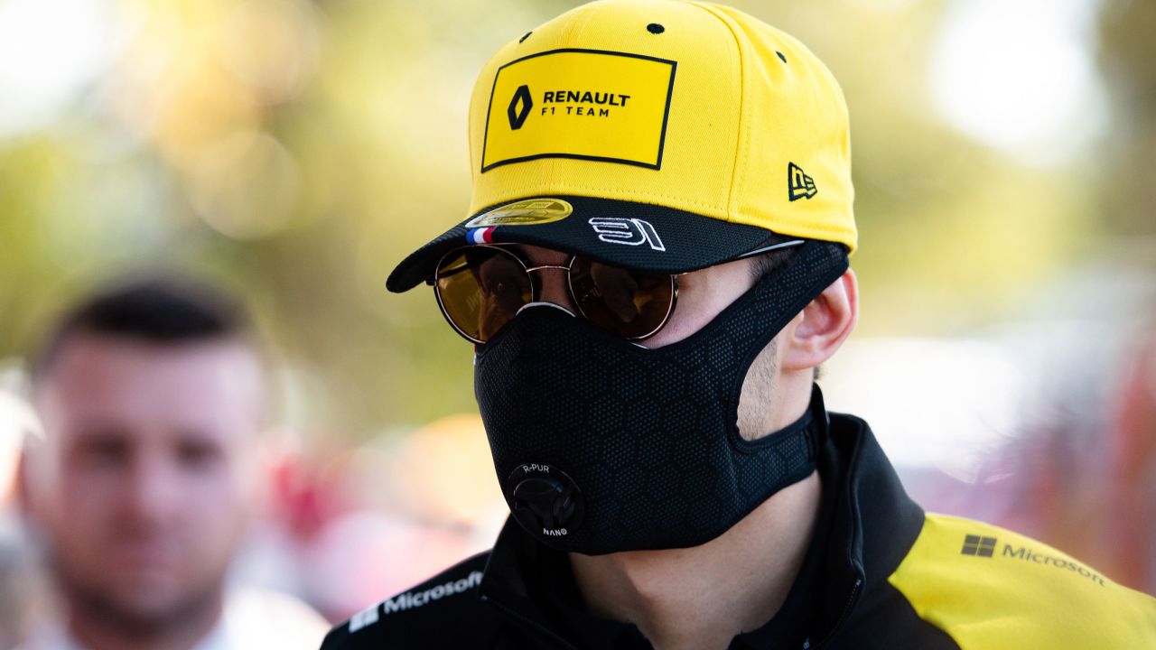 Renault F1 Team driver Esteban Ocon wearing a mask for protection against Coronavirus disease.