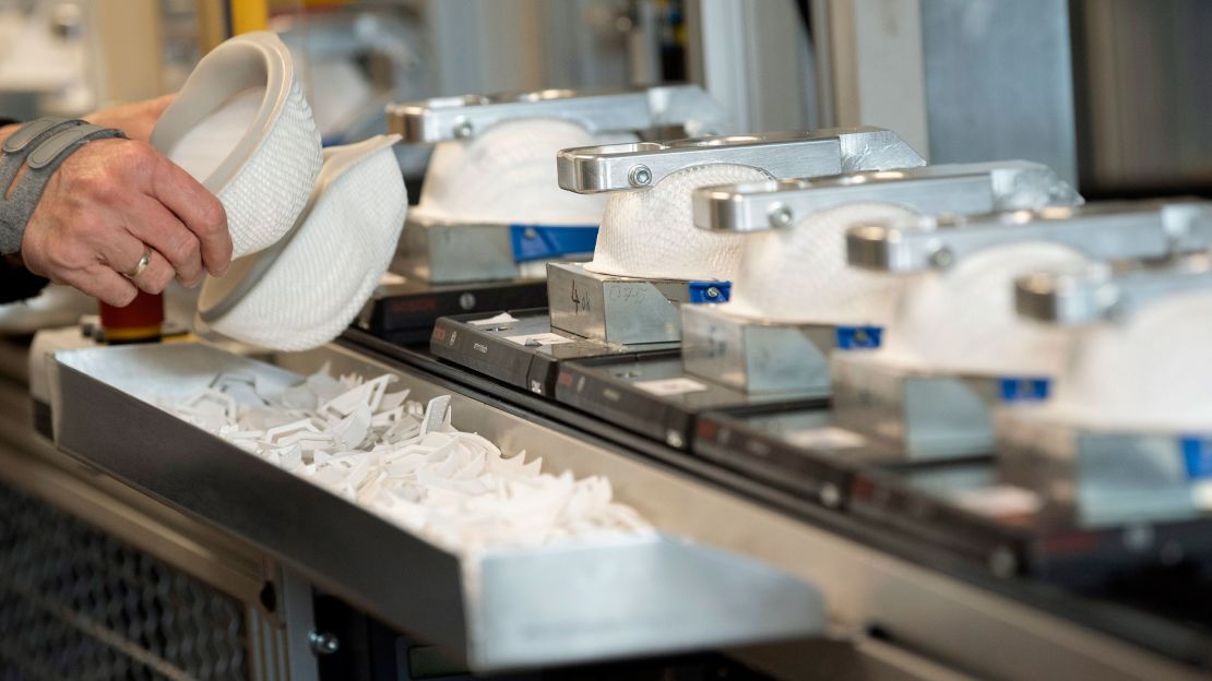 Face masks on the production line at a Moldex-Metric factory in Walddorfhaeslach, Germany, on Thursday.