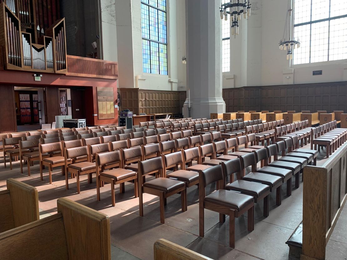 Empty rows at Saint Mark's Episcopal Cathedral in Seattle, Washington. 