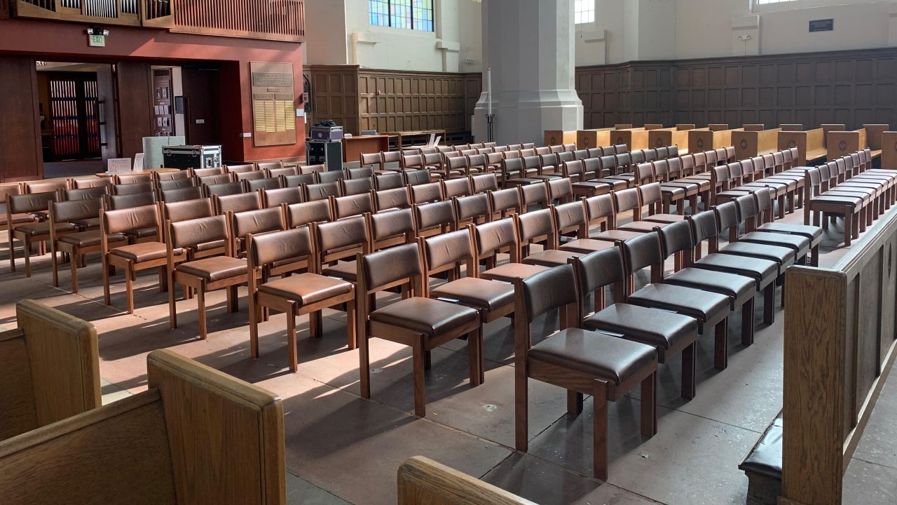 Empty rows at Saint Mark's Episcopal Cathedral in Seattle, Washington. 