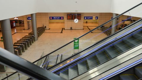 A hall is empty inside a train station in Jerusalem on March 11.