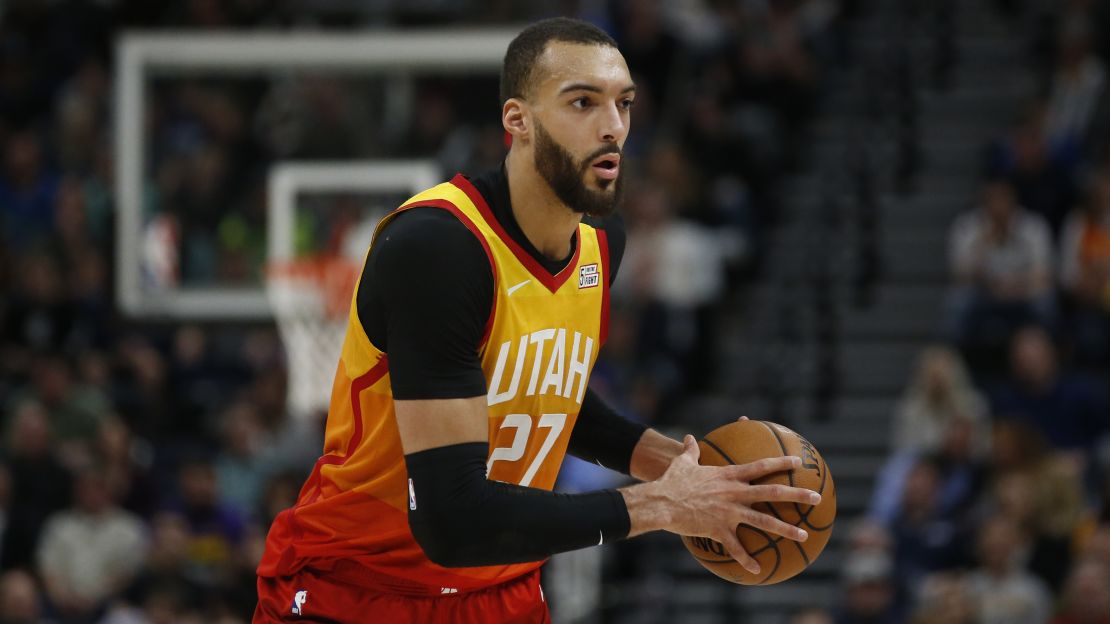 Utah Jazz center Rudy Gobert plays against the Portland Trail Blazers on February 7 in Salt Lake City.