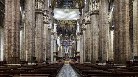 Just a few people are seen inside the Milan Cathedral in Milan, Italy, on March 4. It had reopened to the public after a week of closure.