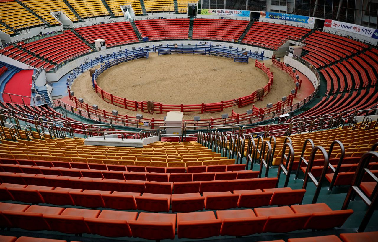A bullfighting arena is empty on March 11 after events were suspended in South Korea's Cheongdo County.