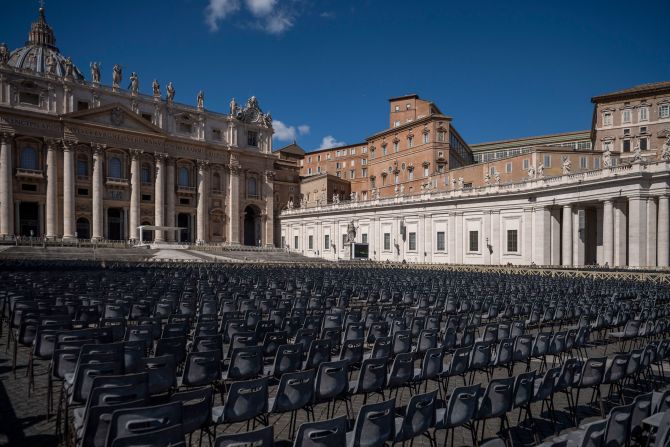 Empty chairs are lined up at the Vatican before the Pope's Sunday Angelus prayer was <a href="index.php?page=&url=https%3A%2F%2Fwww.cnn.com%2F2020%2F03%2F06%2Fworld%2Freligion-modify-traditions-coronavirus-trnd%2Findex.html" target="_blank">streamed via video</a> on March 8. He later appeared briefly at the window to bless a small number of people gathered in St. Peter's Square.