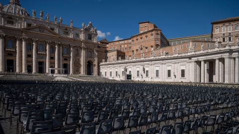 Empty chairs are lined up at the Vatican before the Pope's Sunday Angelus prayer was <a href="https://www.cnn.com/2020/03/06/world/religion-modify-traditions-coronavirus-trnd/index.html" target="_blank">streamed via video</a> on March 8. He later appeared briefly at the window to bless a small number of people gathered in St. Peter's Square.