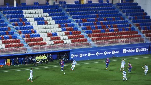 A general view inside the empty stadium as fans cannot attend the match between Eibar and Real Sociedad in La Liga.