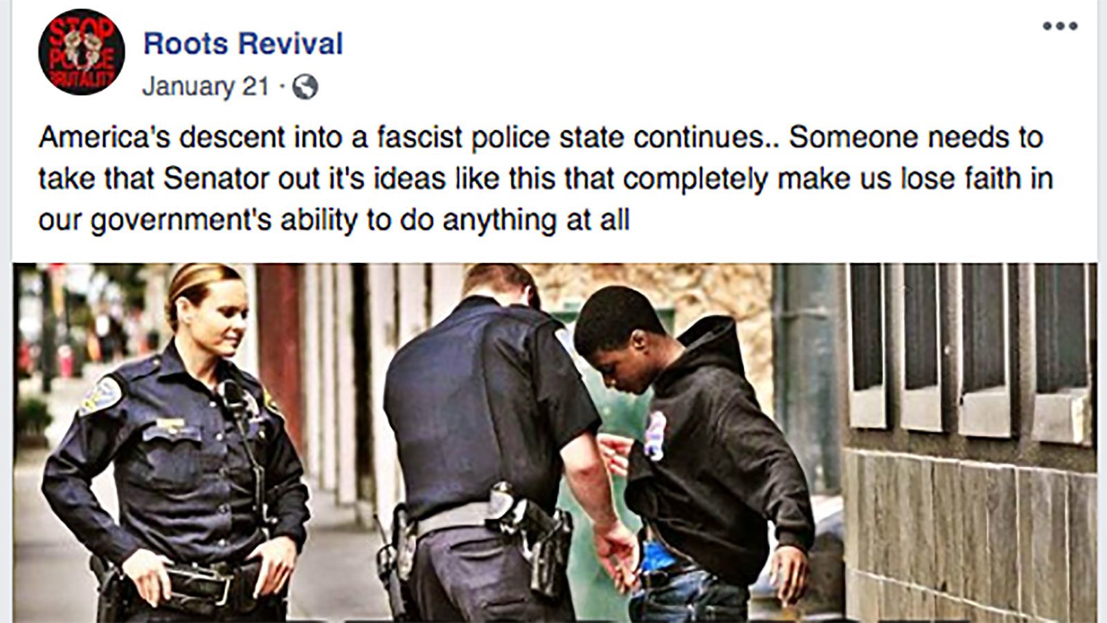 An image from a now-deleted Facebook page of one of the trolls touted alleged police targeting of African Americans.