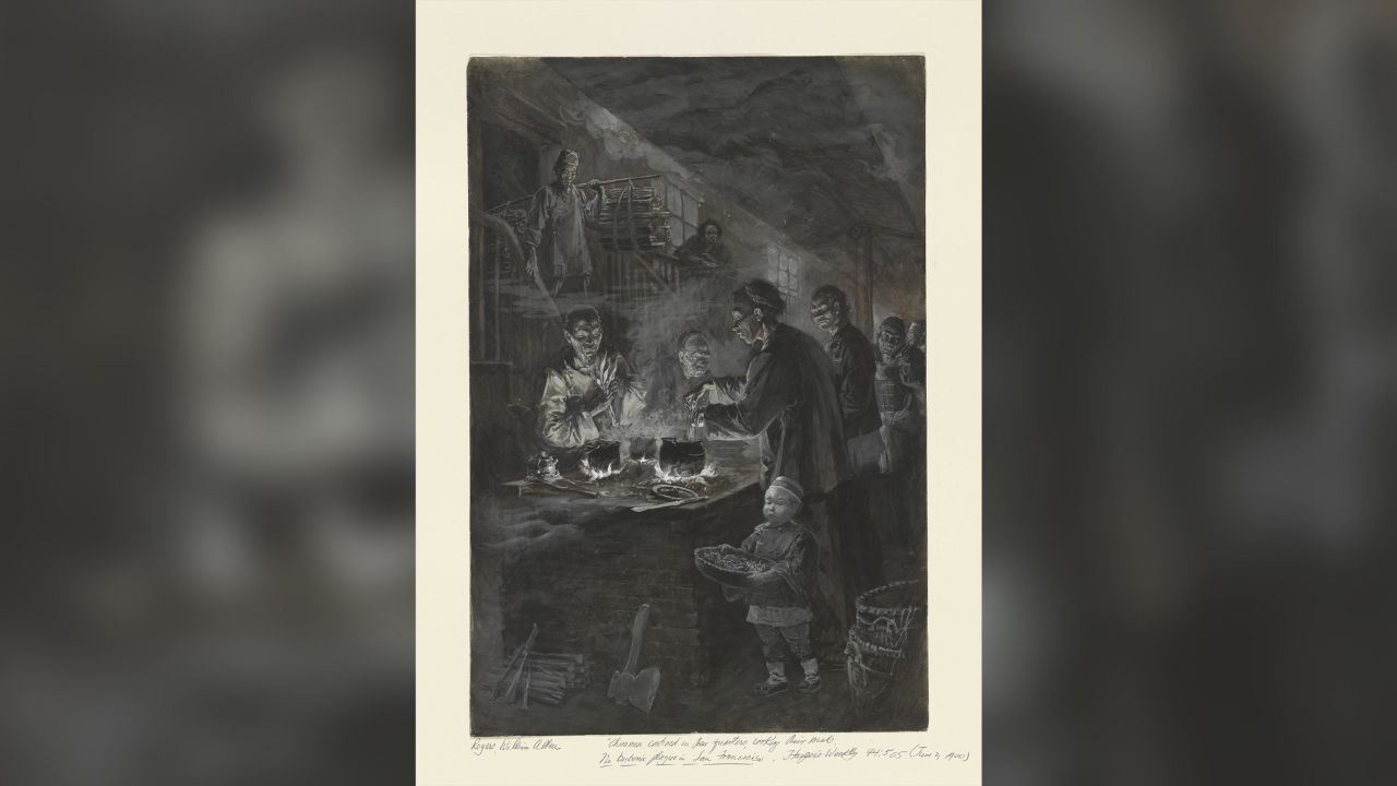 Quarantined residents of San Francisco's Chinatown as depicted in a 1900 illustration from Harper's Weekly.