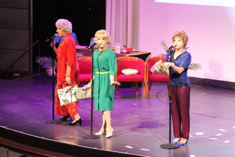 The gentlemen behind drag trio The Golden Gays NYC perform for fans during the Golden Fans at Sea inaugural cruise. Jason B. Schmidt (Dorothy Zbornak), Gerry Mastrolia (Rose Nylund) and Andy Crosten (Blanche Devereaux) incorporate live music in their shows inspired by "The Golden Girls."