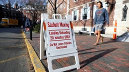 CAMBRIDGE, MASSACHUSETTS - MARCH 12: A sign marks student moving zones on the campus of Harvard University on March 12, 2020 in Cambridge, Massachusetts. Students have been asked to move out of their dorms by March 15 due to the Coronavirus (COVID-19) risk. All classes will be moved online for the rest of the spring semester.  (Photo by Maddie Meyer/Getty Images)