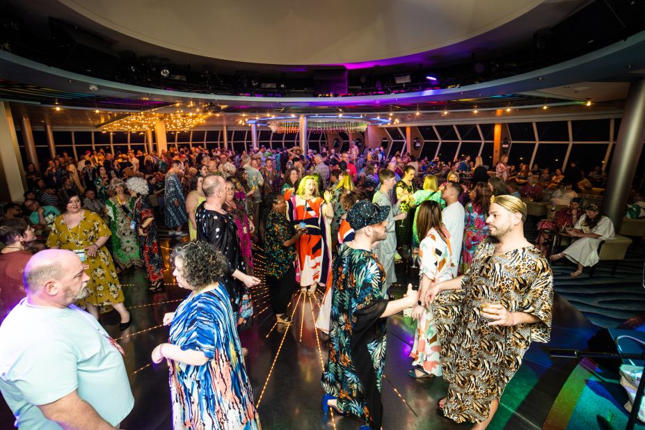Fans of "The Golden Girls" enjoy caftans and cheesecake during the Golden Fans at Sea welcome party.