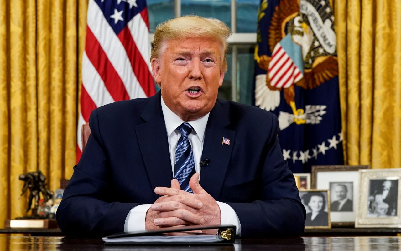 Trump <a href="https://www.cnn.com/2020/03/11/politics/donald-trump-coronavirus-statement/index.html" target="_blank">addresses the nation</a> from the White House Oval Office in March 2020. Trump said he was sharply restricting travel to the United States from more than two dozen European countries, a drastic step he framed as an attempt to contain the coronavirus.