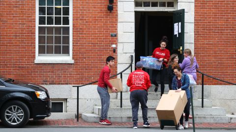 Students move out their dorms at Harvard University on March 12.