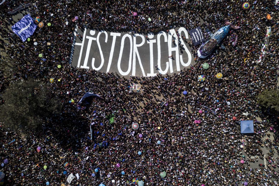 This aerial photo shows a march in Santiago, Chile, on Sunday, March 8. People held rallies across the world for International Women's Day. "Historicas" means "historical" in Spanish.