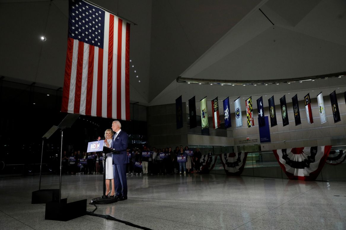 Former Vice President Joe Biden is accompanied by his wife, Jill, as he speaks at the National Constitution Center in Philadelphia on Tuesday, March 10. Biden won several presidential primaries on <a href="http://www.cnn.com/2020/03/10/politics/gallery/super-tuesday-ii-primaries-2020/index.html" target="_blank">Super Tuesday II,</a> expanding his lead in the Democratic race.