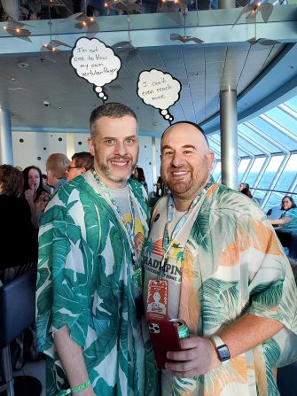 "The Golden Girls" fans Craig Woodward (left) and Richard Gomes (right) paired kimonos and jokes from the sitcom during the Golden Fans at Sea caftan and cheesecake welcome party.
