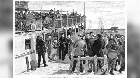 Passengers from the cholera-stricken liner, S.S. 'Normannia,' entering quarantine at Fire Island, New York. Wood engraving, American, 1892.