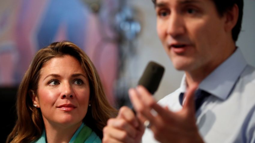 Liberal leader and Canadian Prime Minister Justin Trudeau and his wife Sophie Gregoire Trudeau visit a Royal Canadian Legion as he campaigns for the upcoming election, in Greenfield Park, Quebec, Canada October 16, 2019. REUTERS/Stephane Mahe