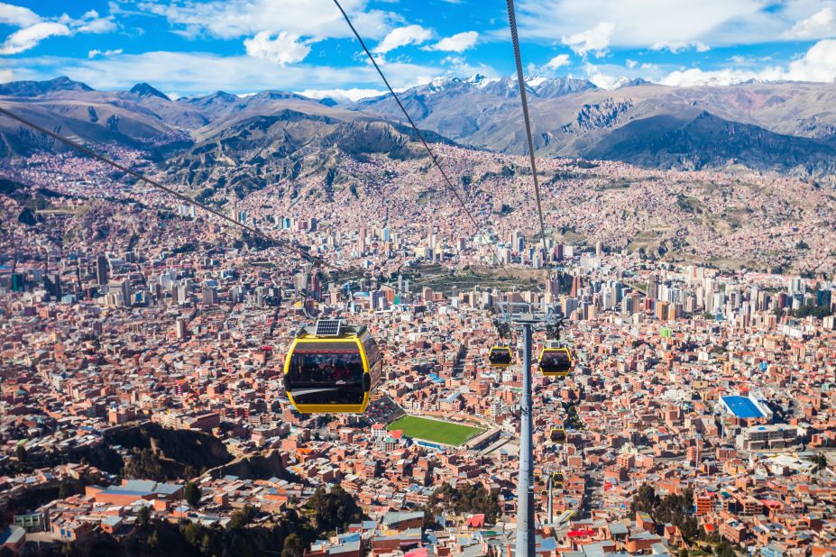 <strong>Cable cars in La Paz, Bolivia:</strong> With views of towering peaks, a network of cable cars shuttles passengers through Bolivia's high-altitude administrative capital.