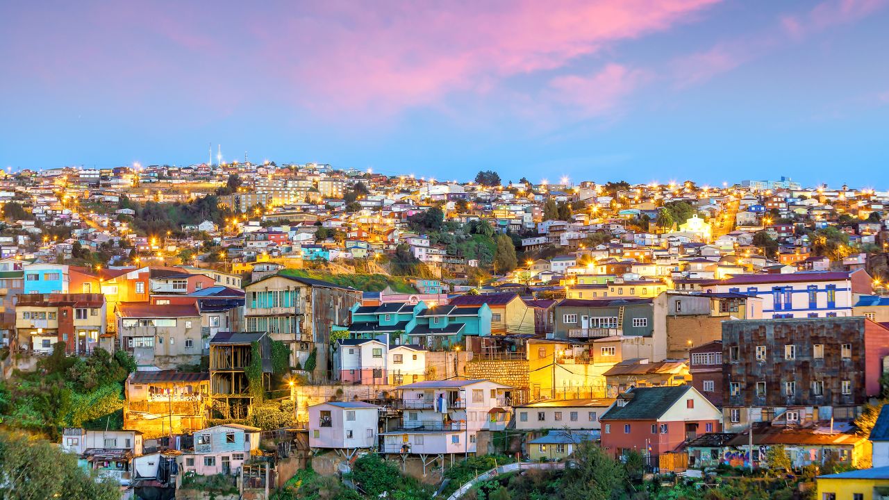 The historic quarter of Valparaiso in Chile shines at night.