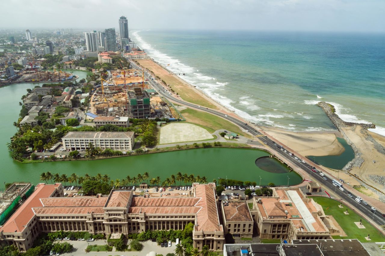 Beaches line the urban waterfront of Colombo, home to Sri Lanka's national and executive bodies of government.