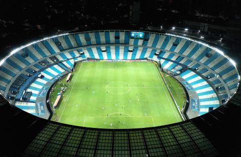 Alianza Lima and Racing Club play a professional soccer match in an empty stadium in Buenos Aires, Argentina, on March 12.