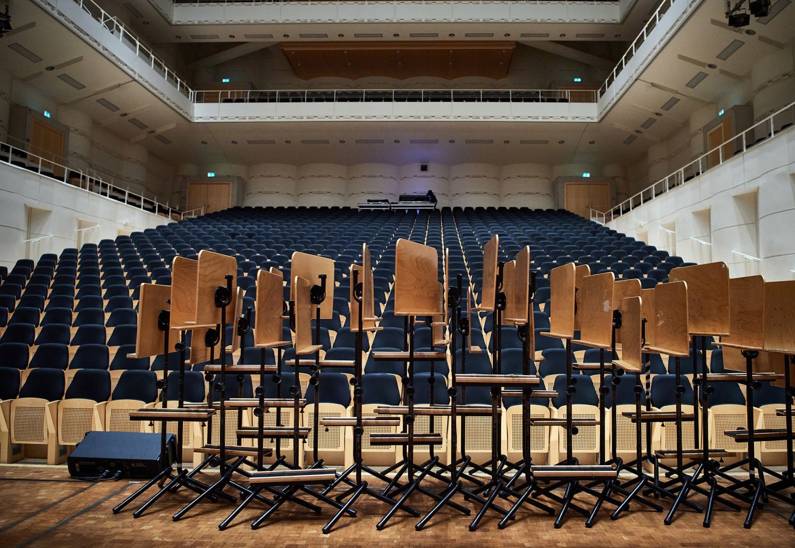 Music stands are placed in front of empty audience seats at the Konzerthaus in Dortmund, Germany, on March 12.