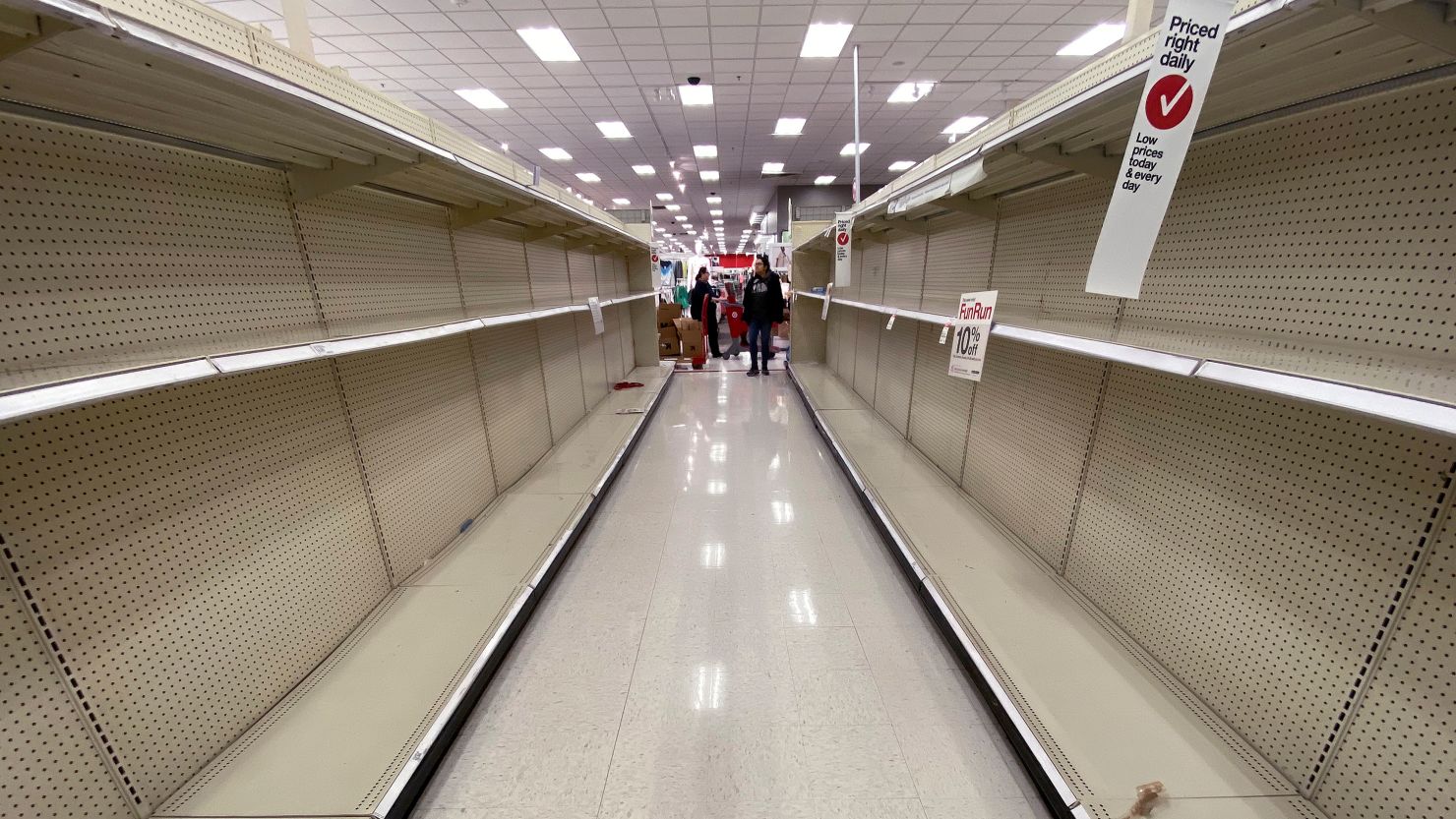 Being selfish, especially in a pandemic, might not ultimately serve you. Shelves at Target sit empty in Arlington, Virginia, as people stockpile supplies due to the Covid-19 outbreak, March 13, 2020.