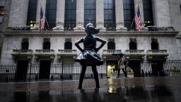 The Fearless Girl statue stands in front of the New York Stock Exchange (NYSE) on March 13, 2020 in New York City. (Photo by Johannes Eisele/AFP/Getty Images)