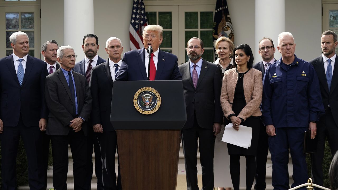 WASHINGTON, DC - MARCH 13:  U.S. President Donald Trump holds a news conference about the ongoing global coronavirus pandemic in the Rose garden at the White House March 13, 2020 in Washington, DC. Trump is facing a national health emergency as COVID-19 cases continue to rise and 30 people have died from the virus in the United States, according to The Center for Systems Science and Engineering at Johns Hopkins University. (Photo by Drew Angerer/Getty Images)