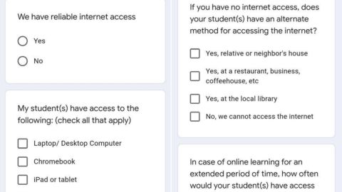 Screenshots of an online connectivity survey sent to students ahead of transitioning to online lessons