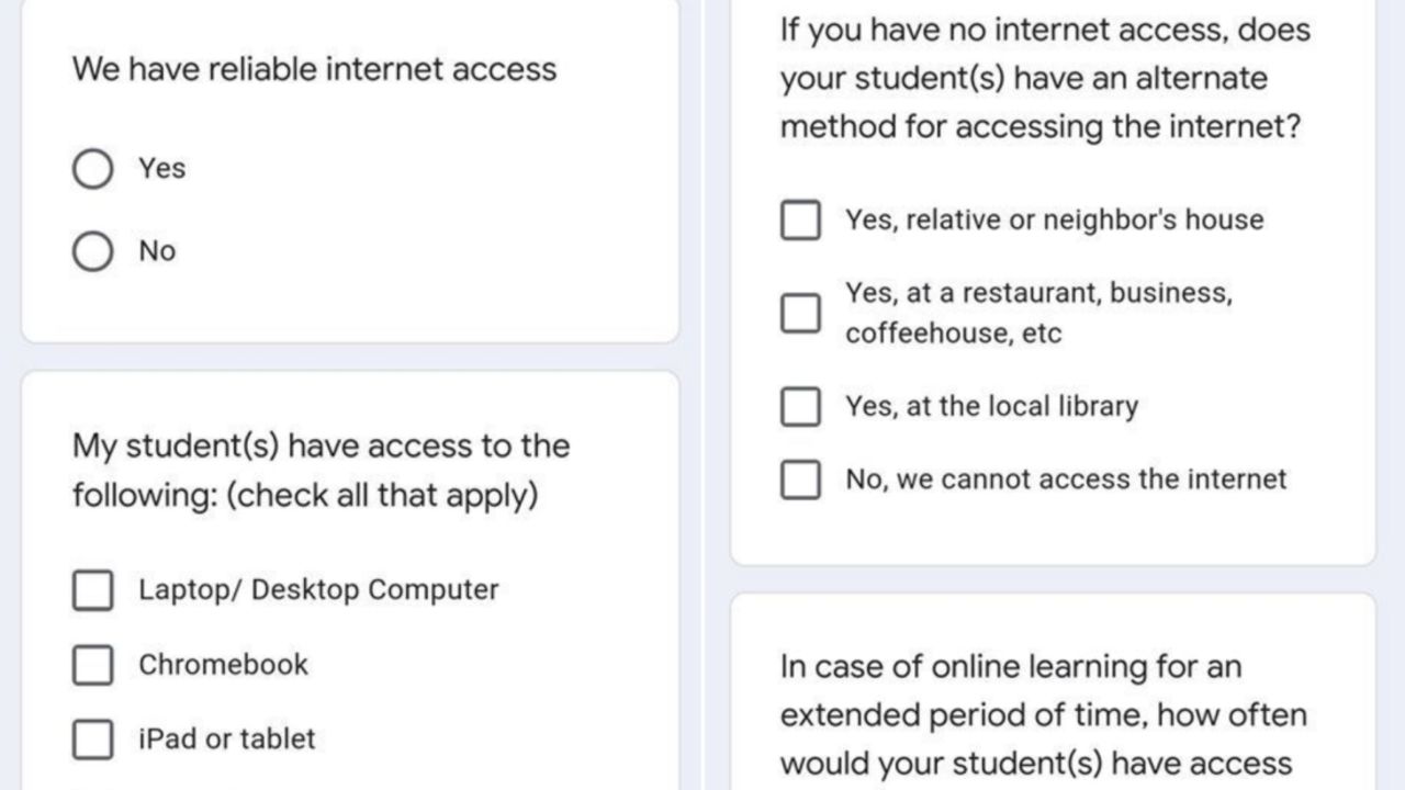 Screenshots of an online connectivity survey sent to students ahead of transitioning to online lessons