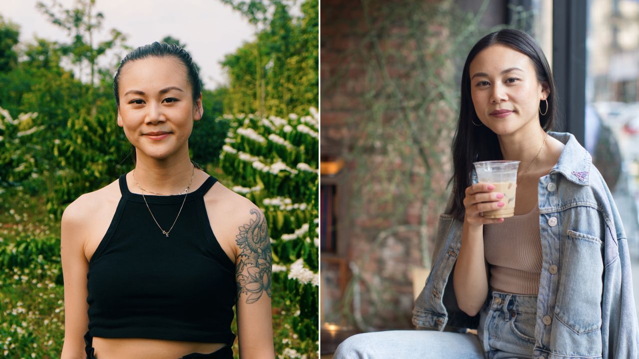 Sahra Nguyen visiting a coffee farm in Vietnam's Central Highlands (left) and drinking a Vietnamese coffee in New York (right).