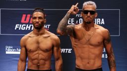 BRASILIA, BRAZIL - MARCH 13: (L-R) Opponents Kevin Lee of the United States and Charles Oliveira of Brazil face off during during the UFC Fight Night Lee v Oliveira weigh-in at Windsor Plaza Hotel on March 13, 2020 in Brasilia, Brazil. (Photo by Buda Mendes/Zuffa LLC)