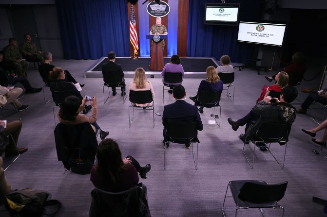 Reporters in Arlington, Virginia, sit approximately 4 feet apart during a briefing by Marine Corps Gen. Kenneth F. McKenzie on March 13, 2020.