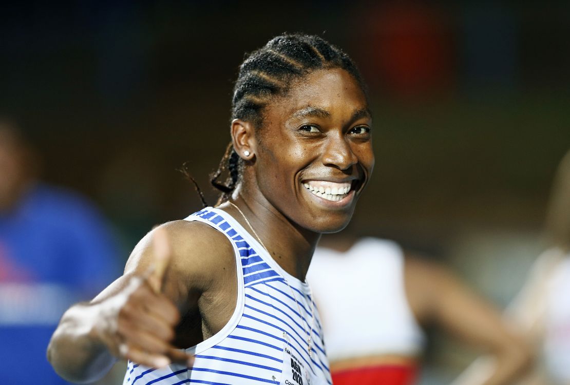 South African 800-meter Olympic champion Caster Semenya is all smiles after winning the women's 200m final at the Athletics Gauteng North Championships at the LC de Villiers Athletics Stadium in Pretoria on March 13, 2020.