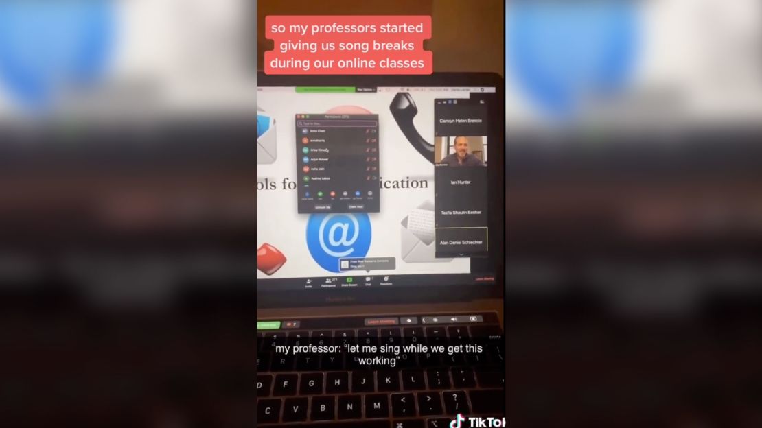 A professor at NYU takes a "song break" while trying to orchestrate an online lecture