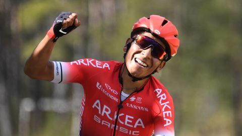 Colombia's Nairo Quintana celebrates as he crosses the finish line at the end of the 166.5 km, seventh and final stage of the 78th edition of the Paris - Nice cycling race between Nice and Valdeblore La Colmiane.