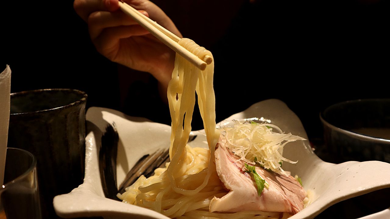 Tsukemen, a Japanese ramen dish in which noodles are dipped in a separate bowl of soup. 