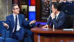 The Late Show with Stephen Colbert and guest  John Oliver during Monday\'s February 10, 2020 show.