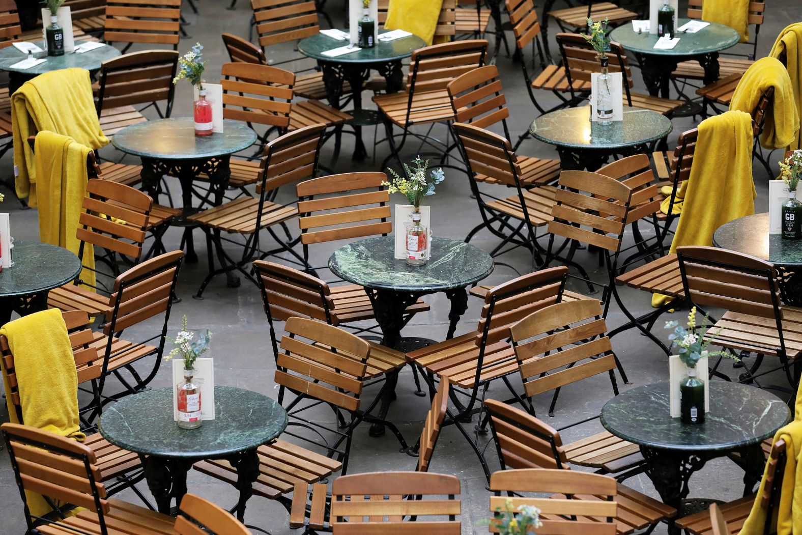 Restaurant seats stand empty in Covent Garden in London on March 13.