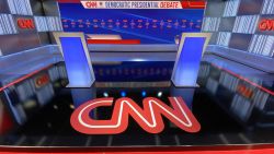 The stage for the CNN-Univision debate on March 15, 2020, is pictured in Washington, DC. The podiums are 6 feet apart, per CDC recommendations.