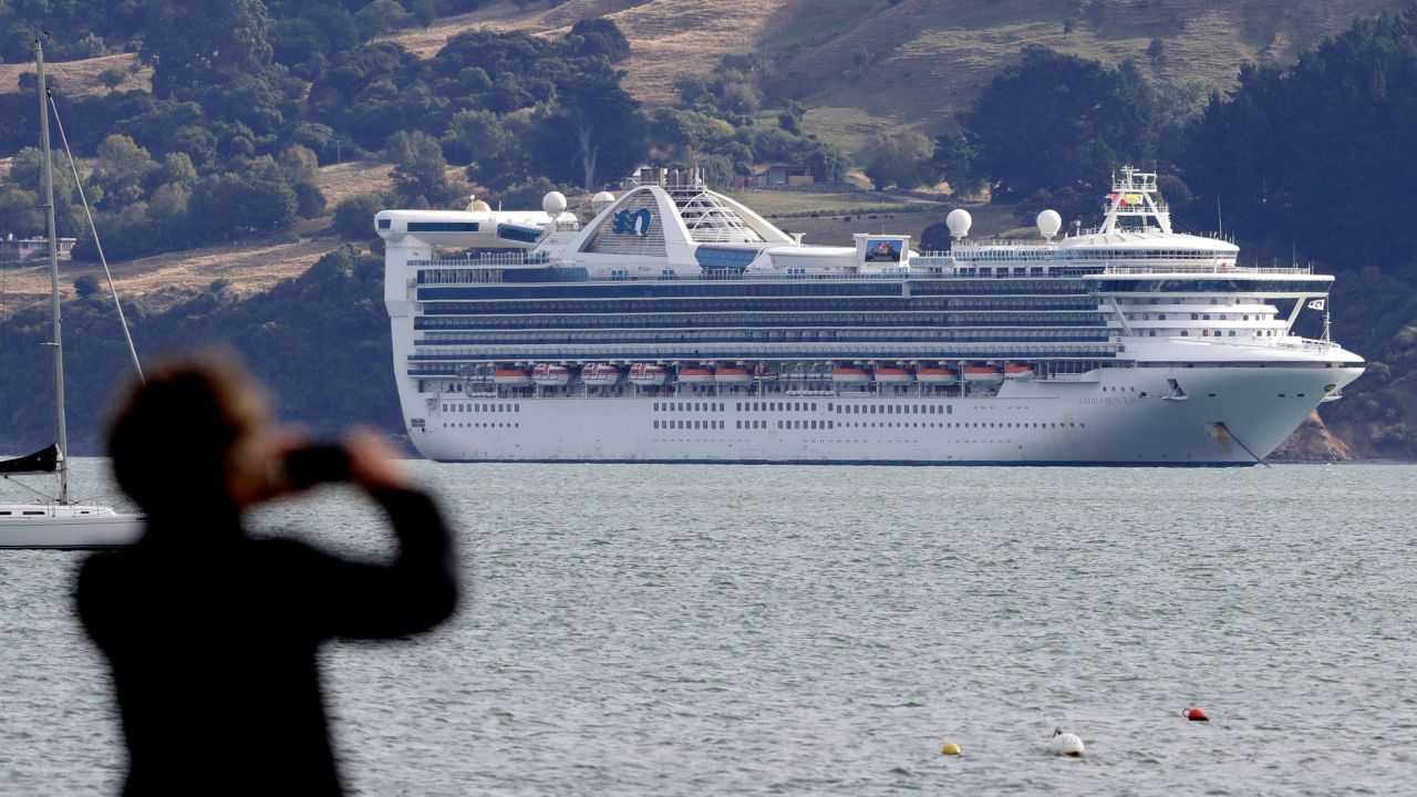 The Golden Princess as she sits at anchor in Akaroa, New Zealand, on Sunday.