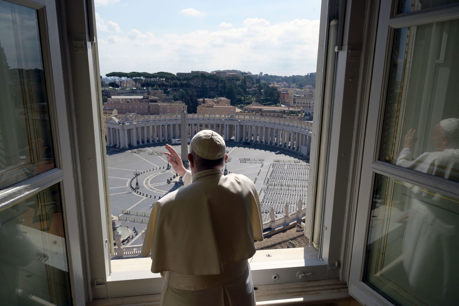 Pope Francis delivers his blessing to an empty St. Peter's Square at the Vatican on March 15.