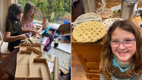 Elizabeth, 10, and Emma, 8, are doing crafts, baking and housework in additon to school work.
