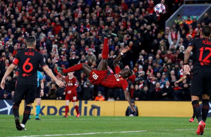 Liverpool's Sadio Mane attempts a bicycle kick during a Champions League game against Atletico Madrid on Wednesday, March 11.