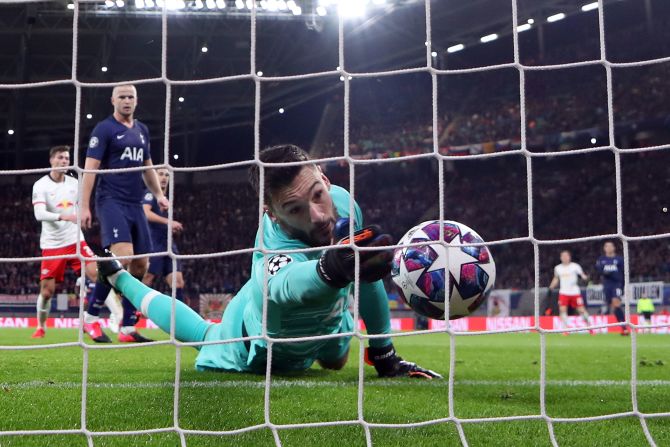 Tottenham goalkeeper Hugo Lloris reaches back but is unable save a goal during a Champions League match in Leipzig, Germany, on Tuesday, March 10.